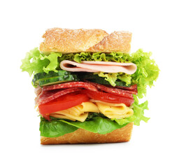Tasty baguette sandwich with ham and vegetables isolated on white