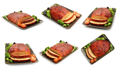 Delicious baked meatloaf isolated on white, set. Top and side view