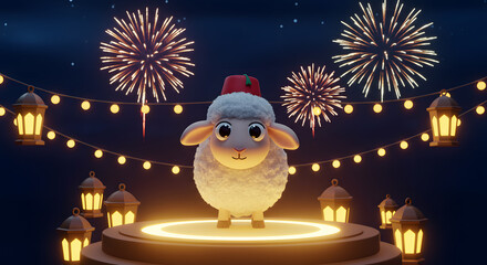 Fototapeta premium Sheep with Hat on Podium with Lanterns and Fireworks