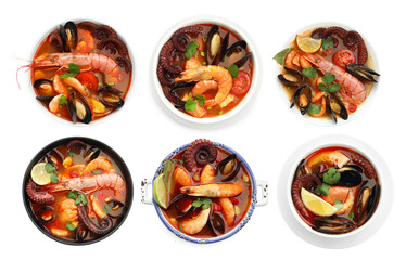 Delicious seafood soup in bowls isolated on white, collage. Top view