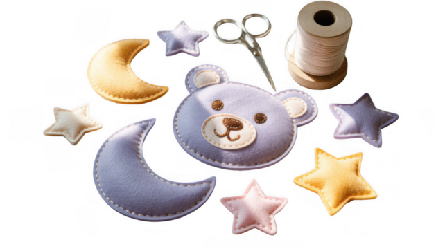 Colorful handmade felt crafts including a teddy bear face, stars, crescent moons, scissors and thread spool lying on a transparent background, perfect for diy and hobby projects