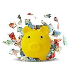 Euro banknotes in air and piggy bank on white background