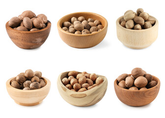 Nutmeg seeds in bowls on white background, set