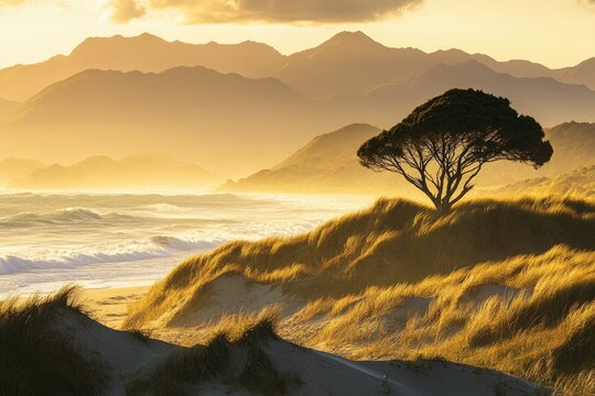 Golden hour beach scene with lone tree and dunes