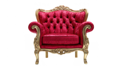 Luxurious ruby red royal chair with gold trim, isolated on transparent background, representing elegance, wealth, and high status, perfect for interior design or historical projects