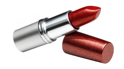 Open red lipstick revealing a shimmering case, isolated against a transparent background, ideal for enhancing beauty and makeup projects with a touch of glamour and elegance