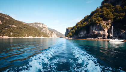 A footprint on the water from the yacht. AI generation.
