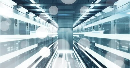 Camera moving forward down datacenter corridor sliding bars and floating orbs visualizing data flow - Powered by Adobe