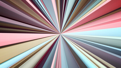 Vivid radial lines extend outward from center in balanced geometric pattern blending retro pastel hues with digital art aesthetics. Converging stripes or rays in soft muted tones. Vector background