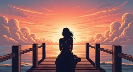 Woman Silhouette on Dock at Sunset