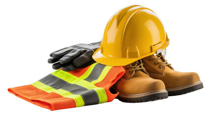 Work safety clothing including high visibility vest, leather gloves, boots and yellow hard hat are arranged on a transparent background, emphasizing workplace safety and protection