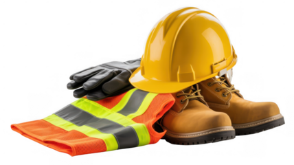 Work safety clothing including high visibility vest, leather gloves, boots and yellow hard hat are arranged on a transparent background, emphasizing workplace safety and protection