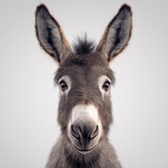 Fototapeta premium Adorable Young Donkey Portrait. Cute and Friendly Animal Face in Pastoral Farm Setting