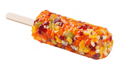 Refreshing frozen treat featuring a wooden stick holding a colorful cylinder of jelly and assorted candied fruit pieces, providing a transparent background for easy integration into various designs