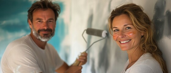Couple painting a wall together