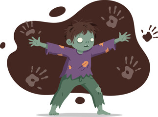 Obraz premium Zombie character with green skin and torn purple shirt standing with arms outstretched in front of brown handprint background vector illustration 