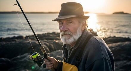 Obraz premium Fisherman Fishing on Rocky Coast at Sunset
