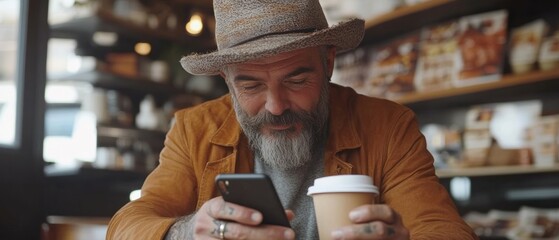 Mature man using phone in cafe