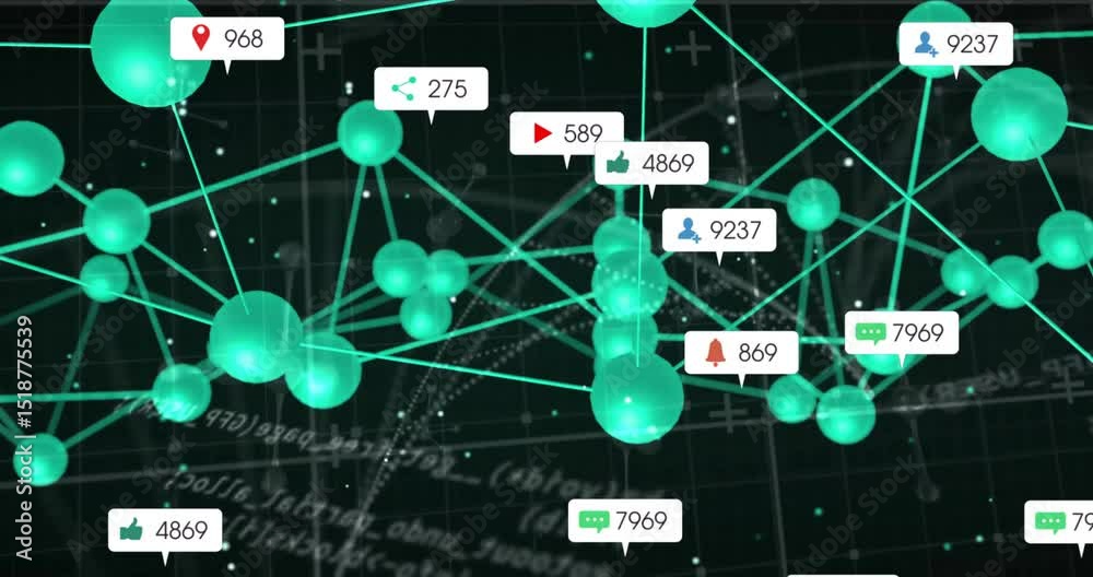 Poster opening on grid, network panning rotating labels sliding counters updating showing social metrics
