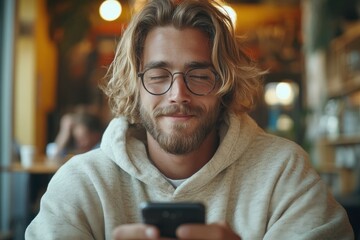Relaxed young man engrossed in mobile device in cafe