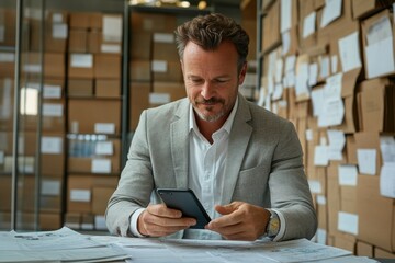 Focused professional reviewing documents on mobile device in a busy warehouse setting
