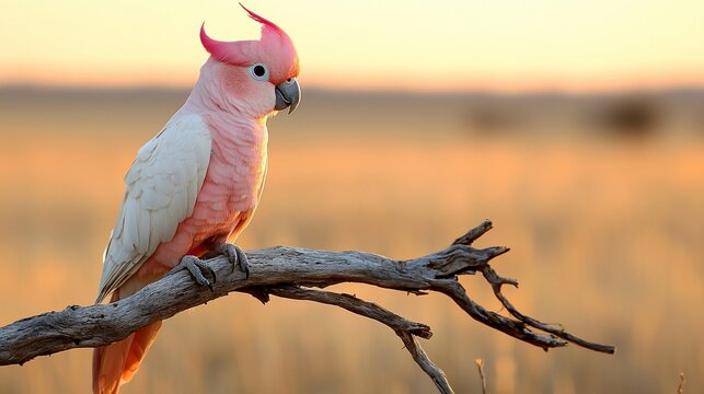 Pink cockatoo perched on branch at sunset