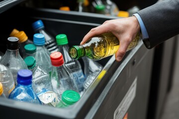 Recycling plastic bottles.  A person places a bottle into a recycling bin