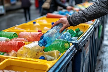 Recycling plastic bottles in a public area.  A person sorts and places plastic bottles into a recycling bin