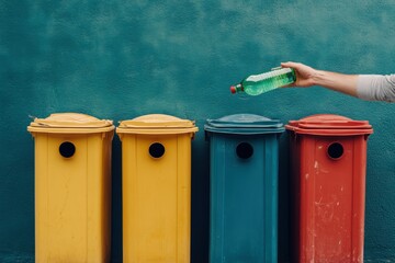 Recycling colored bins.  Person disposing of plastic bottle