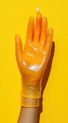 Bright orange protective glove, on a yellow background, with a white substance on a fingertip