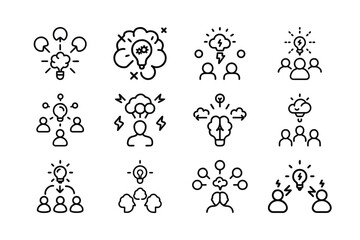 Brainstorming Icon in Silhouettes Style with Light Bulb and People Sharing Ideas on White Background – Concept of Teamwork, Innovation, and Idea Generation