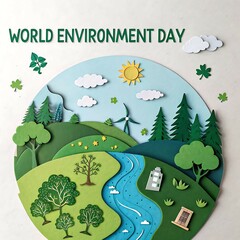 Naklejka premium Modern Environment Day poster featuring a paper cutout-style layered globe with forests, rivers, animals, and clean energy icons, symbolizing sustainability, biodiversity, and eco-conscious living