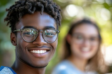 Smiling young man wearing glasses, outdoors.  A friendly, approachable, and happy student or professional.  Natural light and blurred background