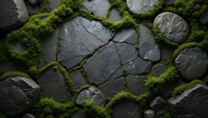 Dark Stone Texture with Lush Green Moss Seamless Background Image