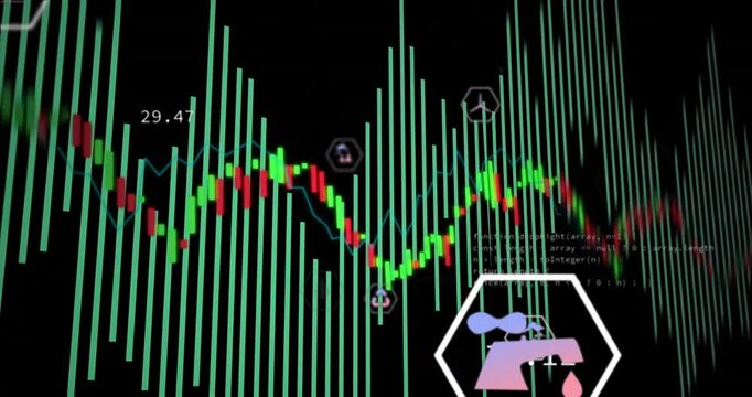 Dark interface opening rising green bars starting candlestick showing data trends  and  code overlay