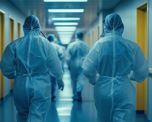 Medical professionals in protective gear running down a hospital corridor