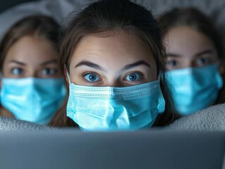 Three girls with masks watching something online in the night