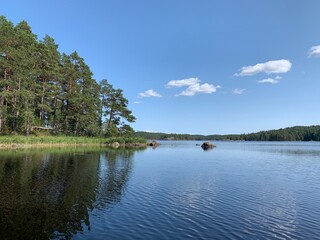 Landschaft mit See und Wald in Schweden, Skandinavien