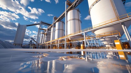 Obraz premium cement processing plant near dry hills, mirrored silos connected by high bridge ducts, wide open cement yard, minimal vegetation, precise industrial planning