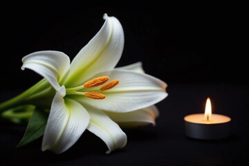 Fototapeta premium white lily next to a lit candle on a table