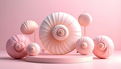 Elegant Seashell Spirals on Pink Podium Natural Marine Geometric Patterns in Soft Pastel Hues Artistic Presentation for Display Minimal Composition With Curves Circular Forms