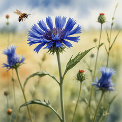 Fototapeta premium Watercolor of a single blue cornflower framed against blurred meadow tones, with a ladybug climbing up the stem and a bee hovering just above.