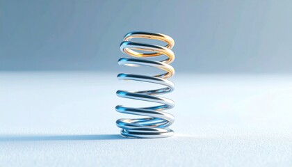 Detailed Oscillating Spring with Blue and Gold Gradient on Textured Surface in Studio Setting Highlighting Metallic Reflectivity and Intricate Coiling for Abstract Mechanical Visualization