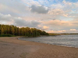 Landschaft am Ufer mit Sandstrand / Strand mit Sand am See / Meer mit Wald / Nadelb&auml;umen in Skandinavien / Schweden