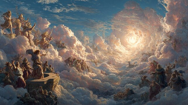 Celestial assembly in a vibrant cloud-filled sky