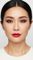 Fototapeta premium Stunning Asian Woman with Red Lips and Smokey Eye Makeup Look