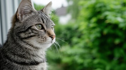 Obraz premium Gray striped cat portrait with detailed fur, soft natural light, blurred green background. Elegance in simplicity.