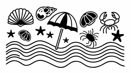 Naklejka premium Black and white line art of beach scene with waves, seashells, starfish, crab, and beach umbrella design |eps vectors set silhouette
