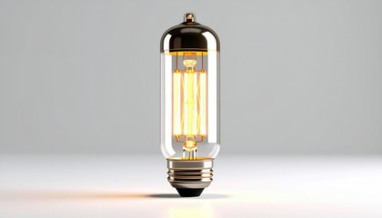Macro Shot of a Glowing Vacuum Tube's Filament in Sharp Focus Against a White Background with Visible Glass Construction and Warm Lighting Emitting from Inside The Tube