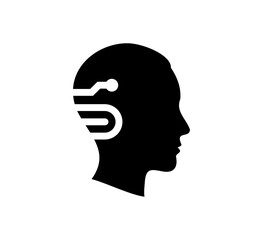 Human head silhouette with tech interface on white background